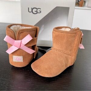 UGG Tan Baby Boots with Pink Bow
